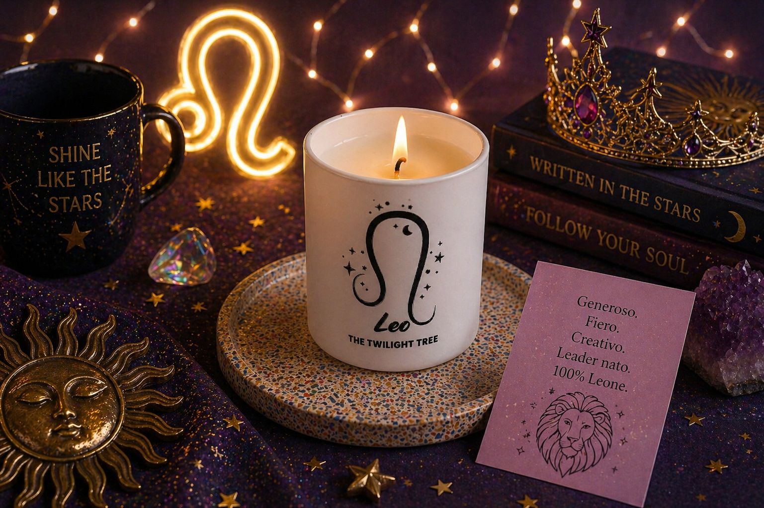 candela Leone personalizzata accesa su scrivania atmosfera energica regalo segno zodiacale the twilight tree