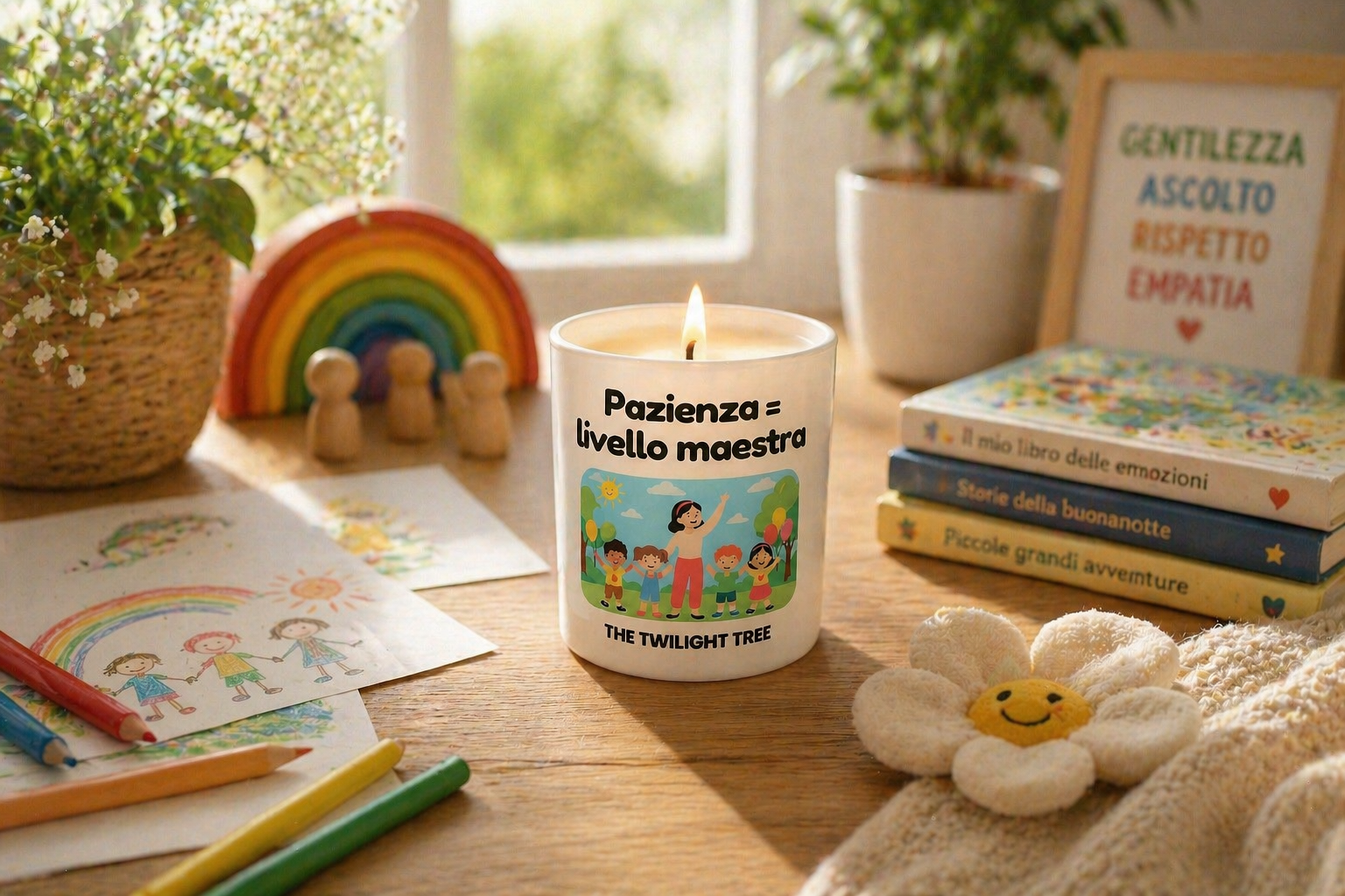 Candela personalizzata regalo per la maestra con frase pazienza livello maestra